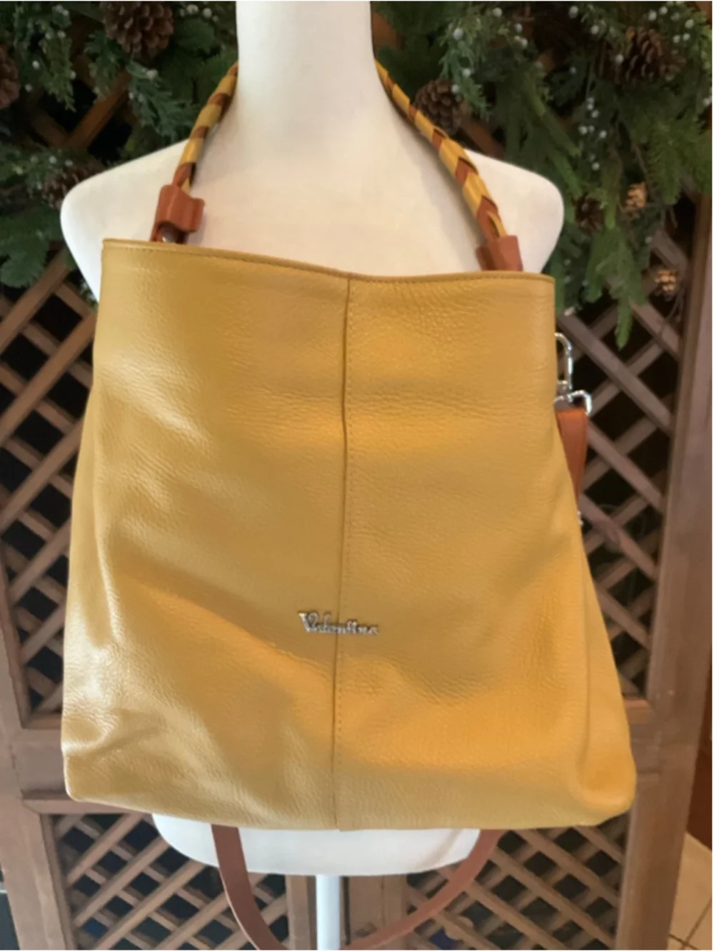 Valentina Genuine Leather Yellow Hobo Shoulder Bag Made in Italy Woven Strap